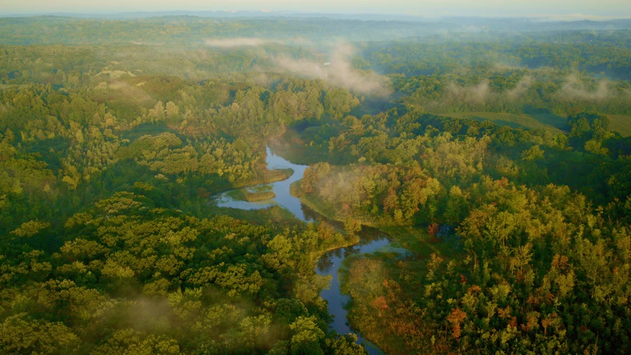 As dawn rises near Milford, Michigan, a drone surveys the fog-laden Huron River.
