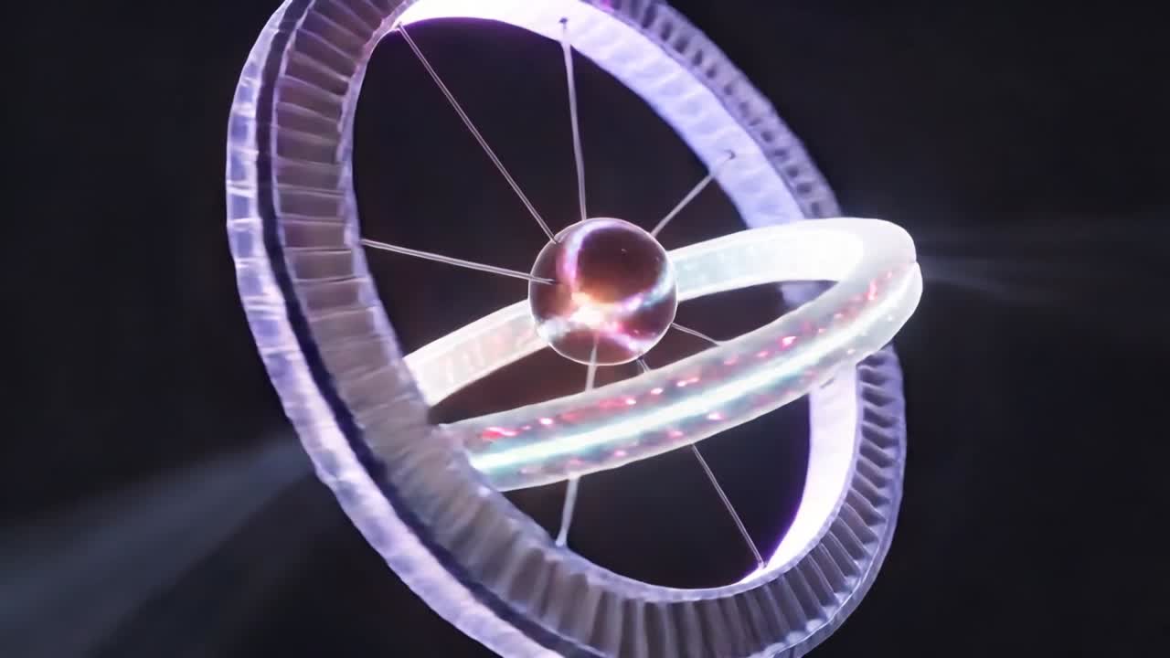 Starting dual-ring object rotating and tilting in dark void showing detail, pulsing sphere and LEDs