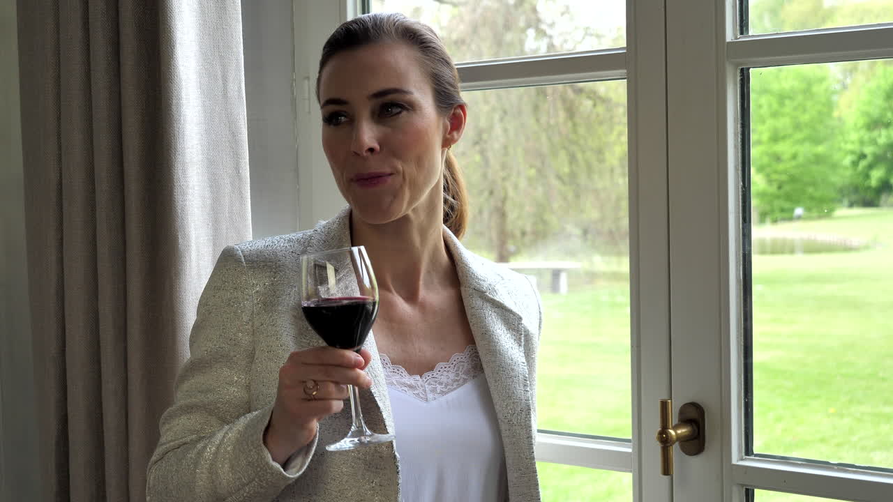 Classy mature adult woman sipping red wine looking through window, view on beautiful garden, slow motion