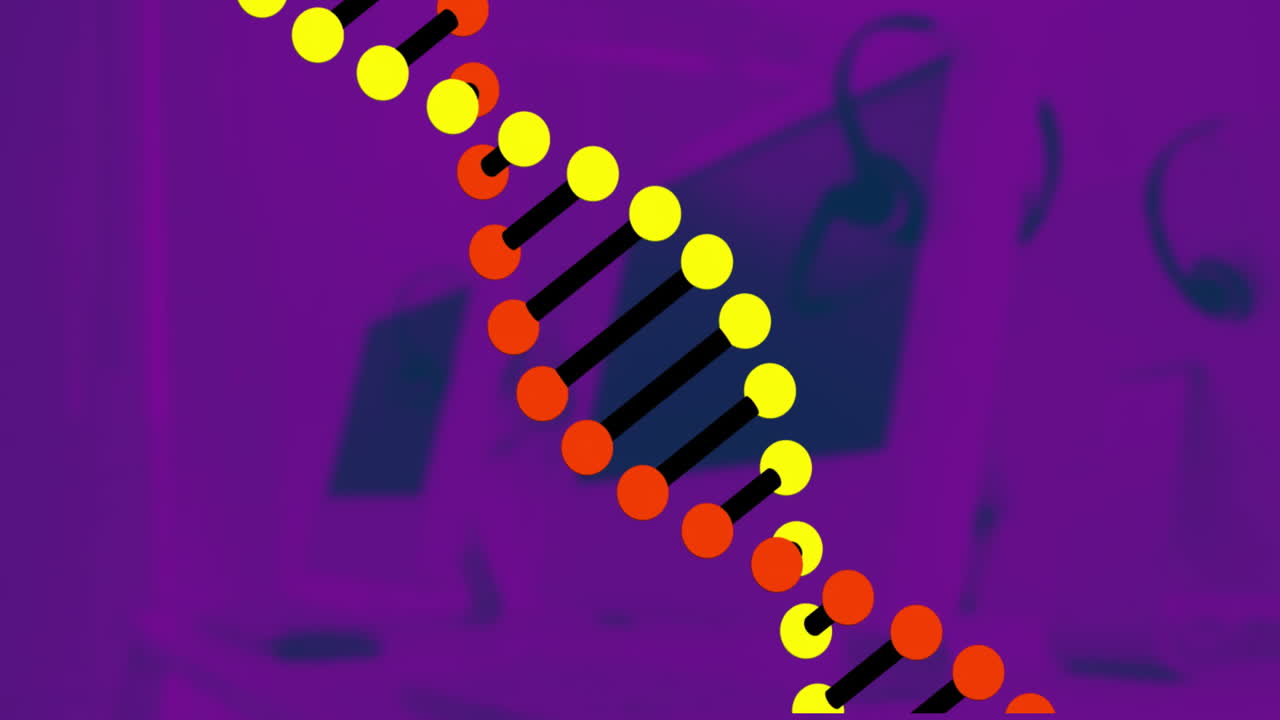 animación de la cadena de adn en las computadoras en los escritorios de la oficina