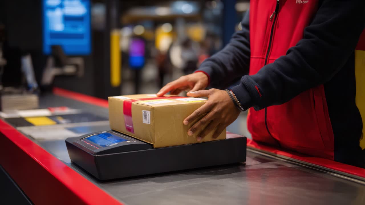 A Person Weighing a Package at a Modern Shipping Counter, Featuring Digital Scale Technology and a Streamlined Process for Efficient Package Handling and Delivery Services