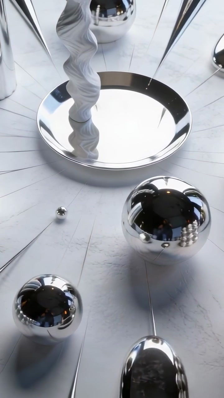 Vertical video: Starting motor, twisted rod, dish and spheres rotating on tabletop accenting light