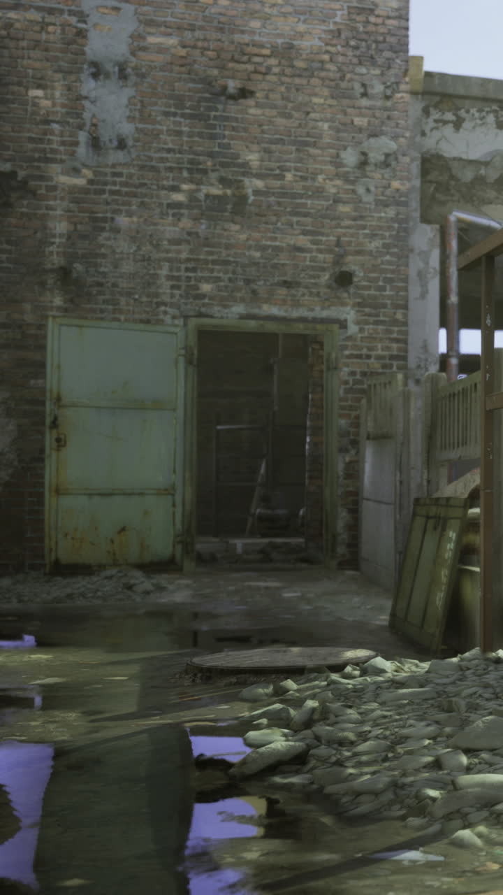 Vecchio edificio in mattoni con acqua a terra e porta verde in una zona deserta.