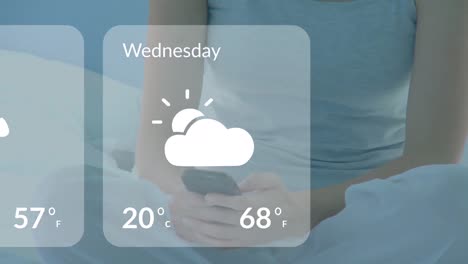 animation of weather forecast over caucasian woman using smartphone