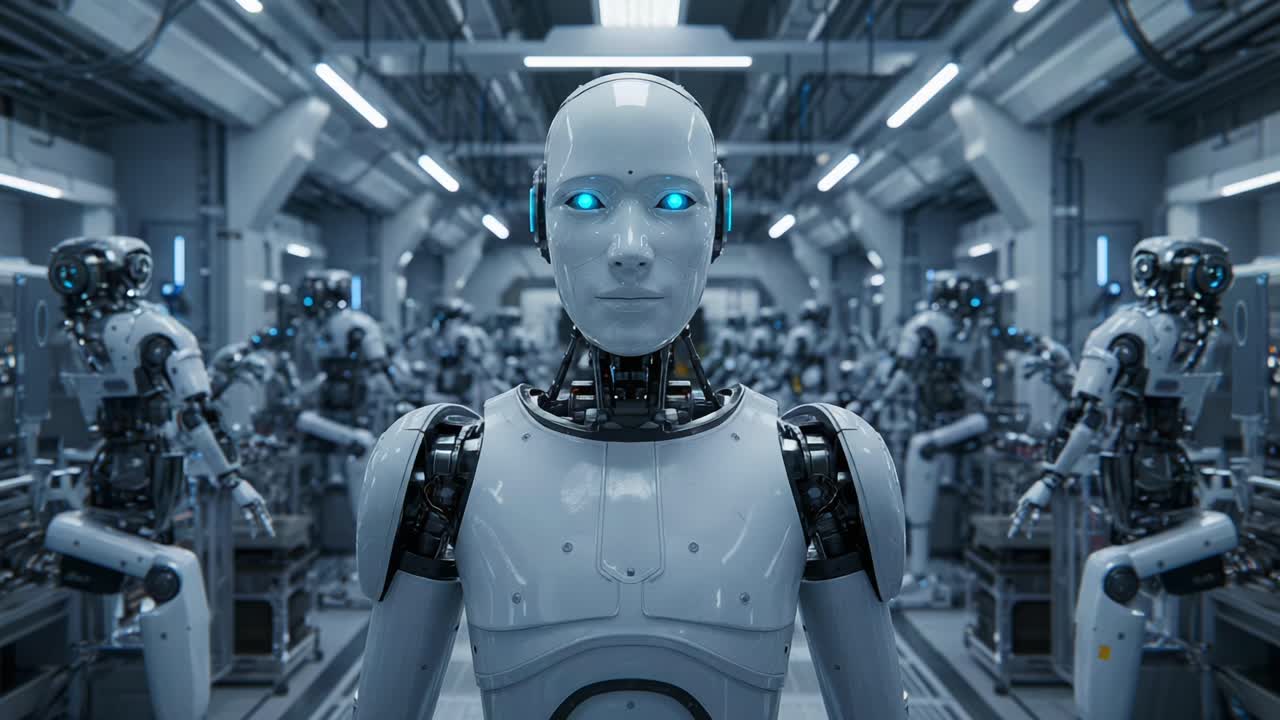Robotica futuristica: uno sguardo al mondo dell'automazione avanzata con macchine umanoidi in un ambiente di assemblaggio ad alta tecnologia