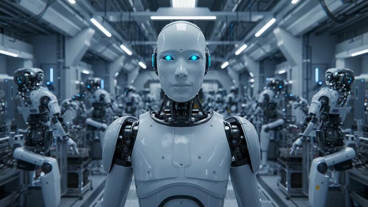 Robotica futuristica: uno sguardo al mondo dell'automazione avanzata con macchine umanoidi in un ambiente di assemblaggio ad alta tecnologia