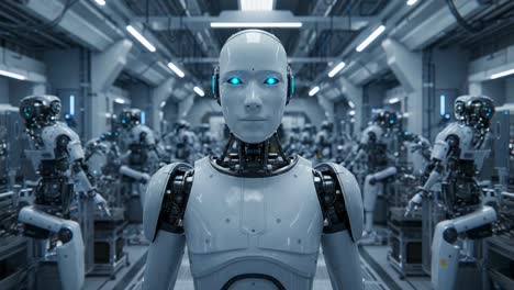 futuristic robotics: a glimpse into the world of advanced automation featuring humanoid machines in a high-tech assembly environment