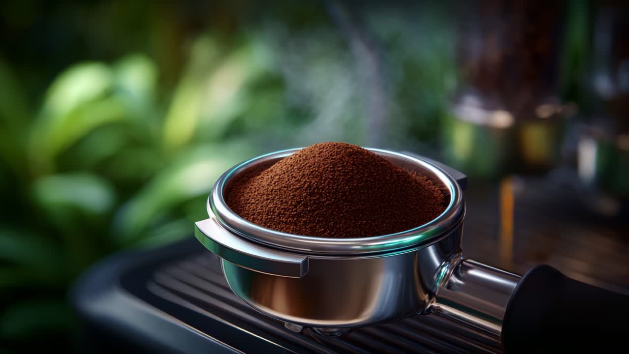Friskmalet kaffe i portafilter klar til brygning, der fremviser en rig aroma og tekstur i nærbillede med en frodig grøn baggrund, der fremhæver de naturlige vibes