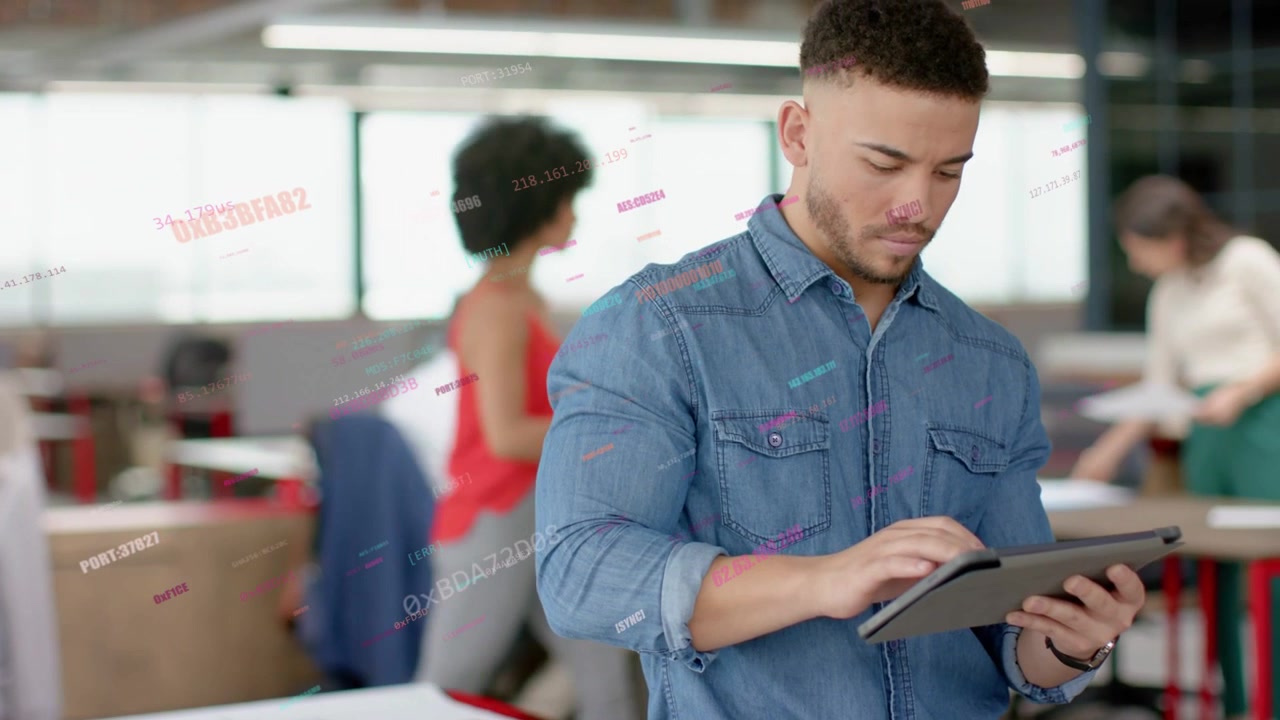 Man in business office tapping tablet while live charts rising and highlighting papers for review