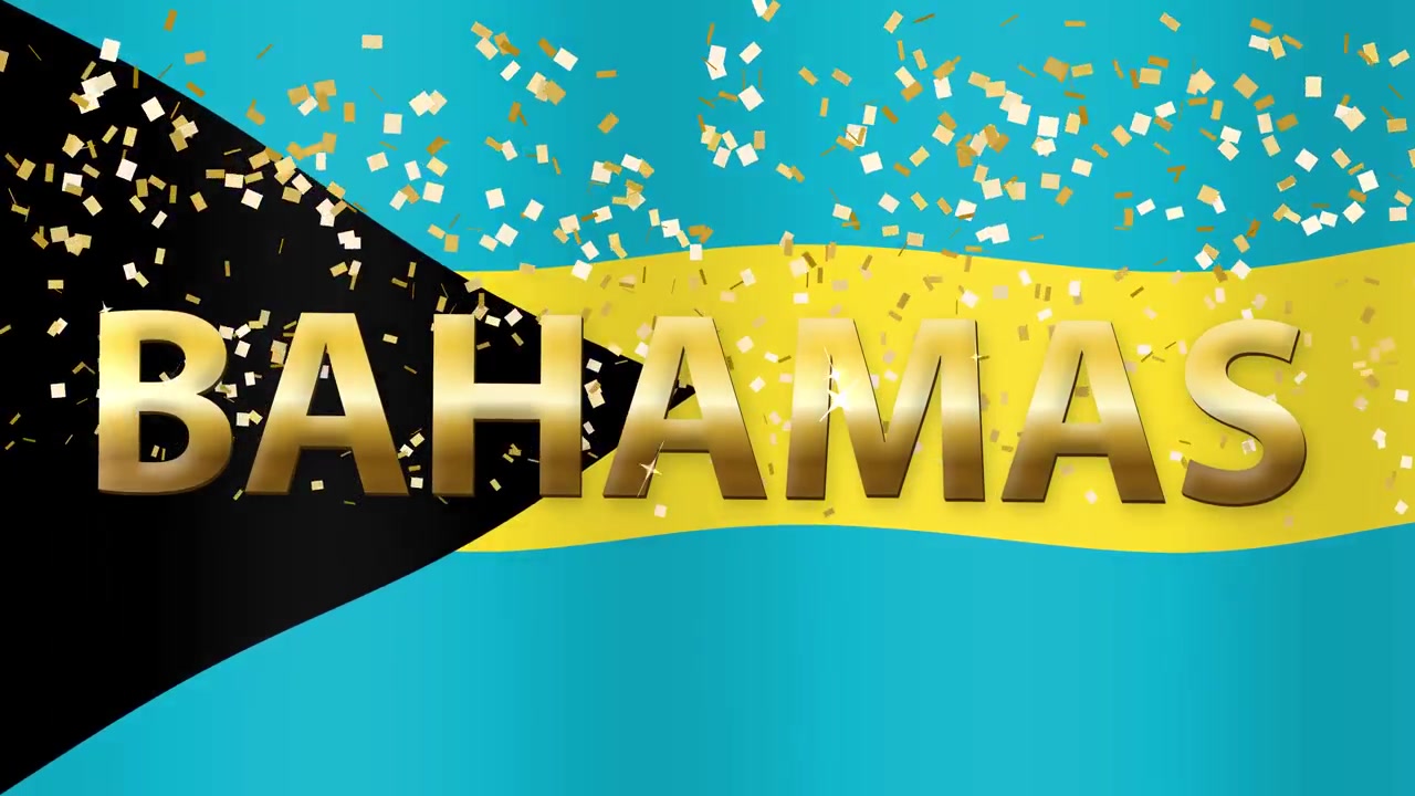 Bahamas flagga vajar bakom gyllene 3D-text med skimrande guldkonfetti som faller över bilden