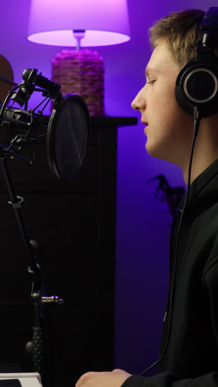 Ung mand med hovedtelefoner indspiller voiceover-vokaler i en studiomikrofon med popfilter i et lilla-belyst hjemmestudie, fokuseret på audioproduktion og streamingindhold