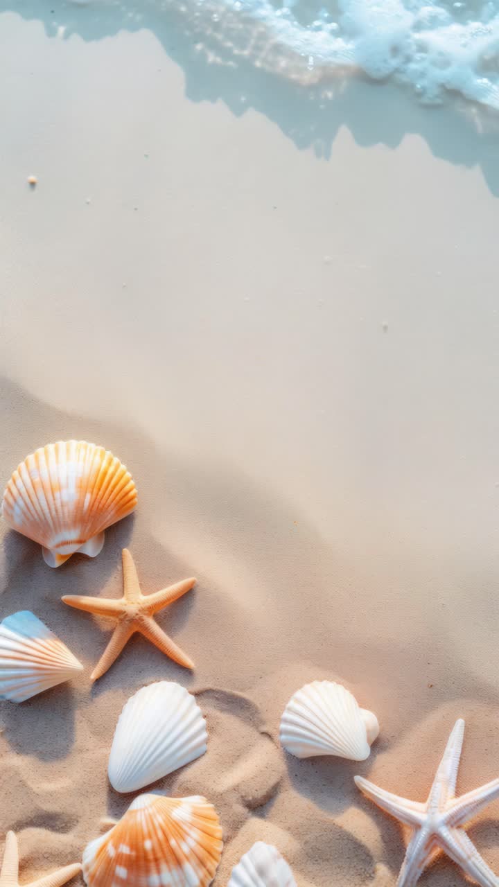 Top-down view of seashells and starfish on sandy beach with gentle waves