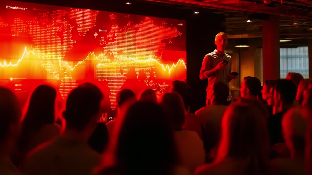 Engaging Presentation on Data Analytics and Visualization: A Speaker Addresses an Audience Amidst a Dynamic Red World Map Backdrop Representing Global Trends and Insights
