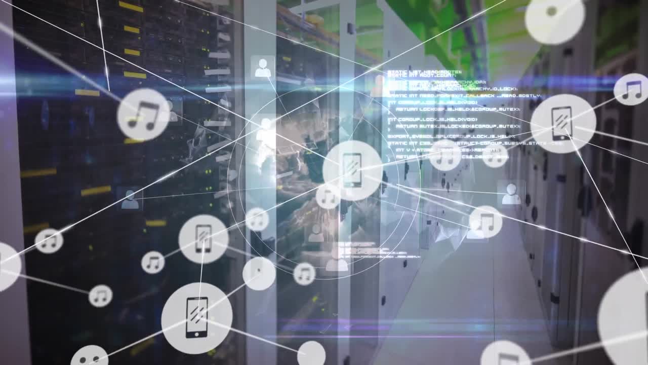 animación de la red de conexiones con iconos y globo sobre la sala del servidor