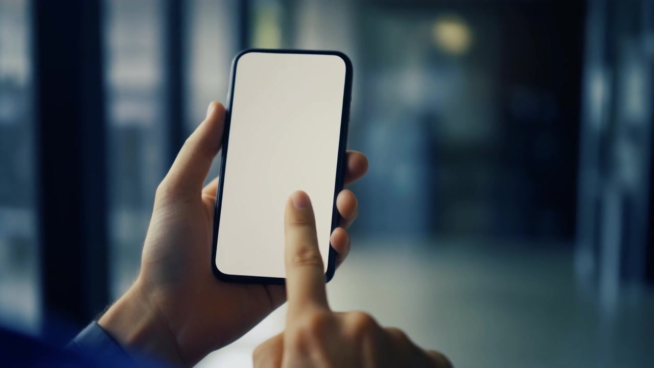 Persona che usa uno smartphone con schermo bianco vuoto in ufficio