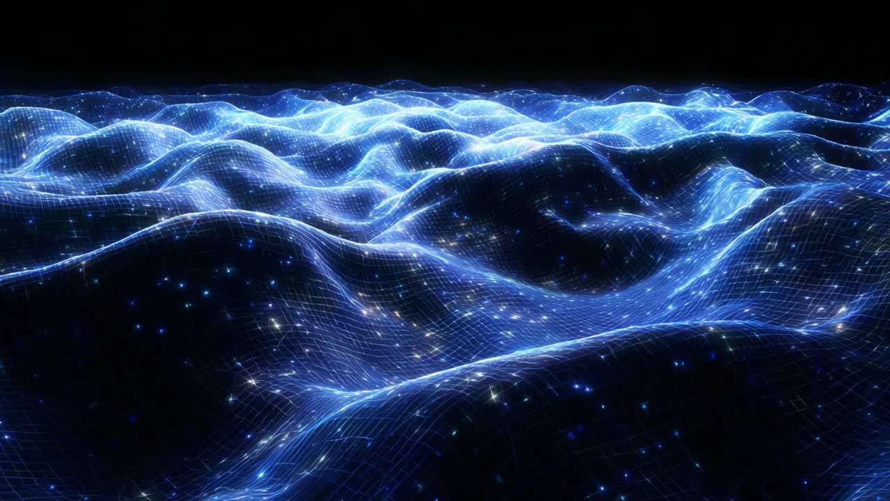 A mesmerizing digital portrayal of a serene landscape, showcasing luminous, wave-like forms that undulate gracefully across a dark backdrop, creating a captivating, otherworldly atmosphere