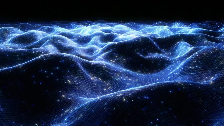 A mesmerizing digital portrayal of a serene landscape, showcasing luminous, wave-like forms that undulate gracefully across a dark backdrop, creating a captivating, otherworldly atmosphere