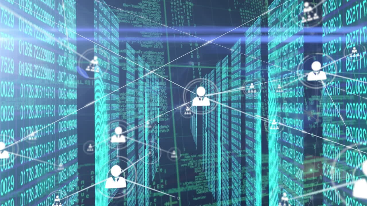 Animation of network of connections with icons over data processing