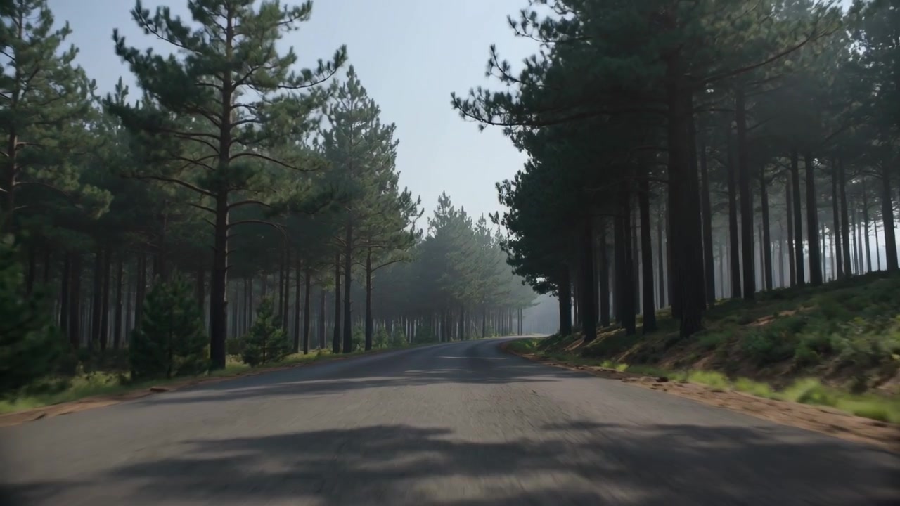 Kamera bergerak maju menyusuri jalan beraspal yang dikelilingi pohon pinus, dengan cahaya matahari yang menembus dedaunan dan kabut tipis.