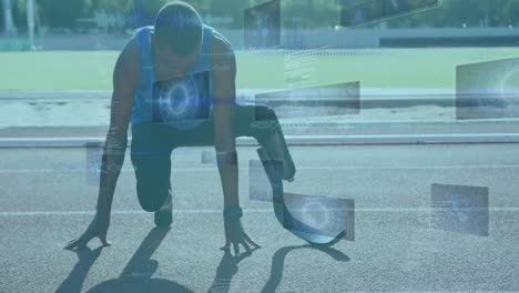 athlete with prosthetic leg preparing to run, digital data animation over track