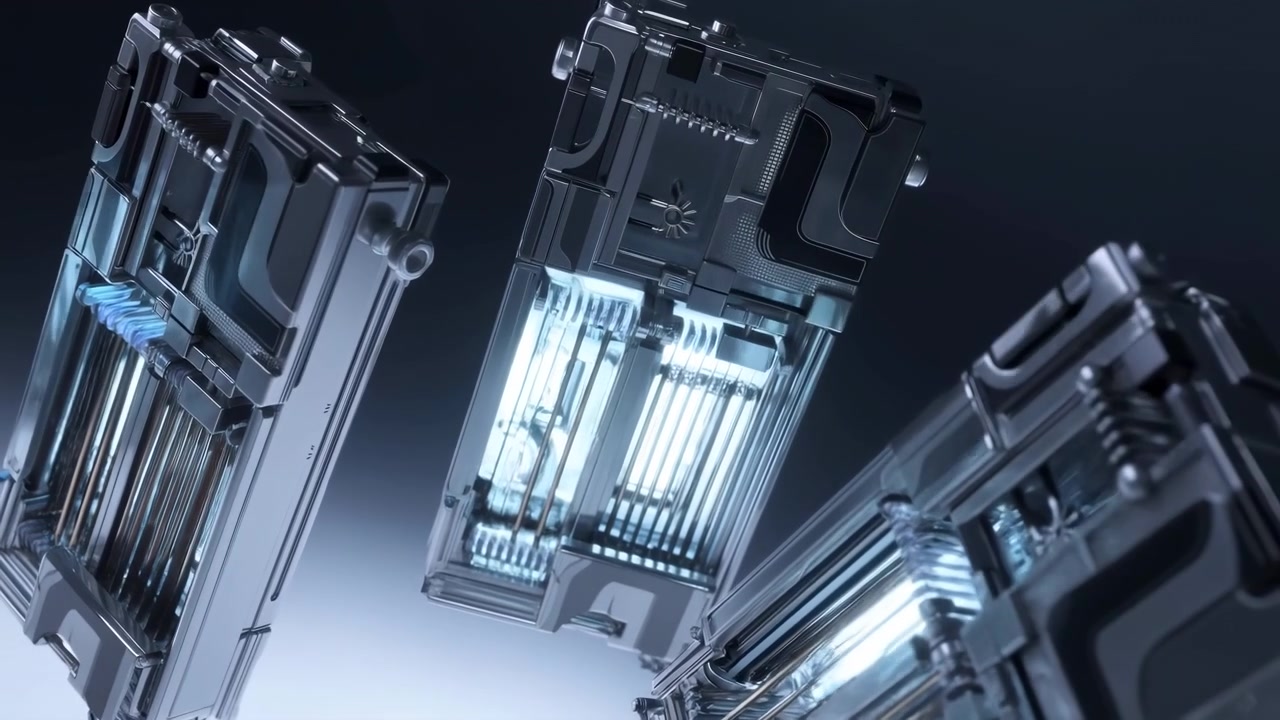 Floating Transparent Battery Modules Glowing Blue, Sleek Casings Reveal Illuminated Fluorescent Cells Rotating