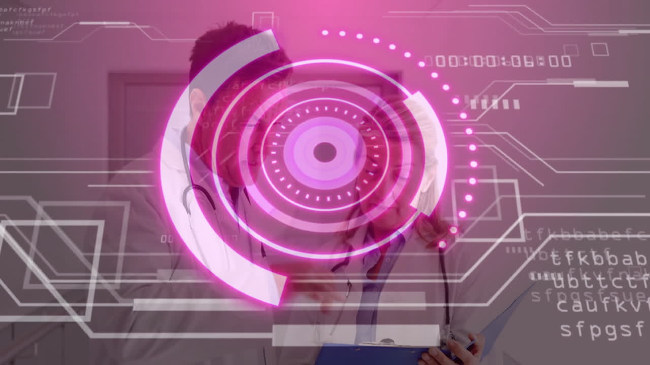 Reviewing patient data, doctors using futuristic digital interface in hospital setting