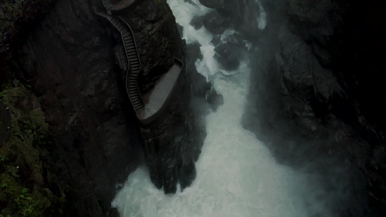 Powerful Pailon del diablo Waterfall In Ecuador At Daytime - drone shot