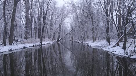 Río-Mágico-Rodeado-De-Bosques-Cubiertos-De-Nieve,-Vista-Aérea-Desde-Delante