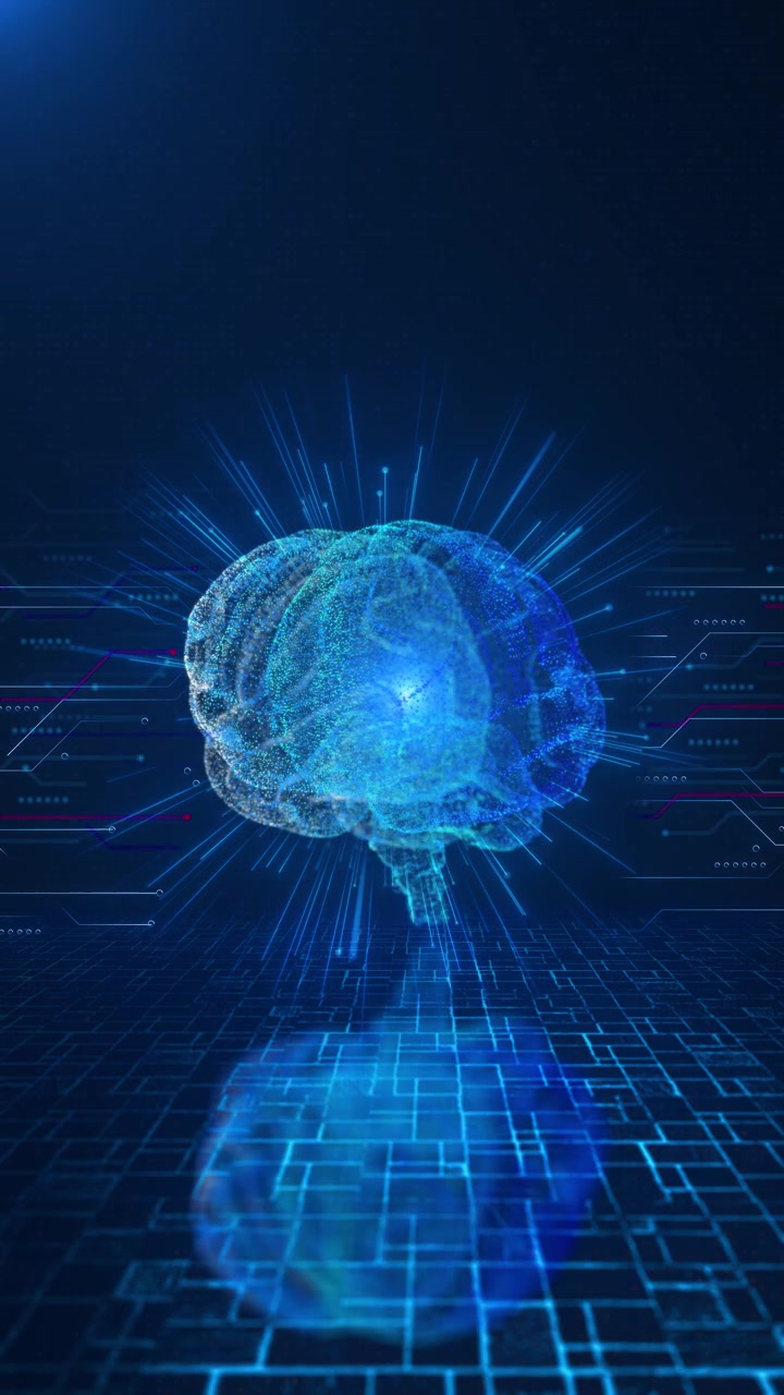 Digital brain circuit grid background with glowing neural particle model blue floor lines and