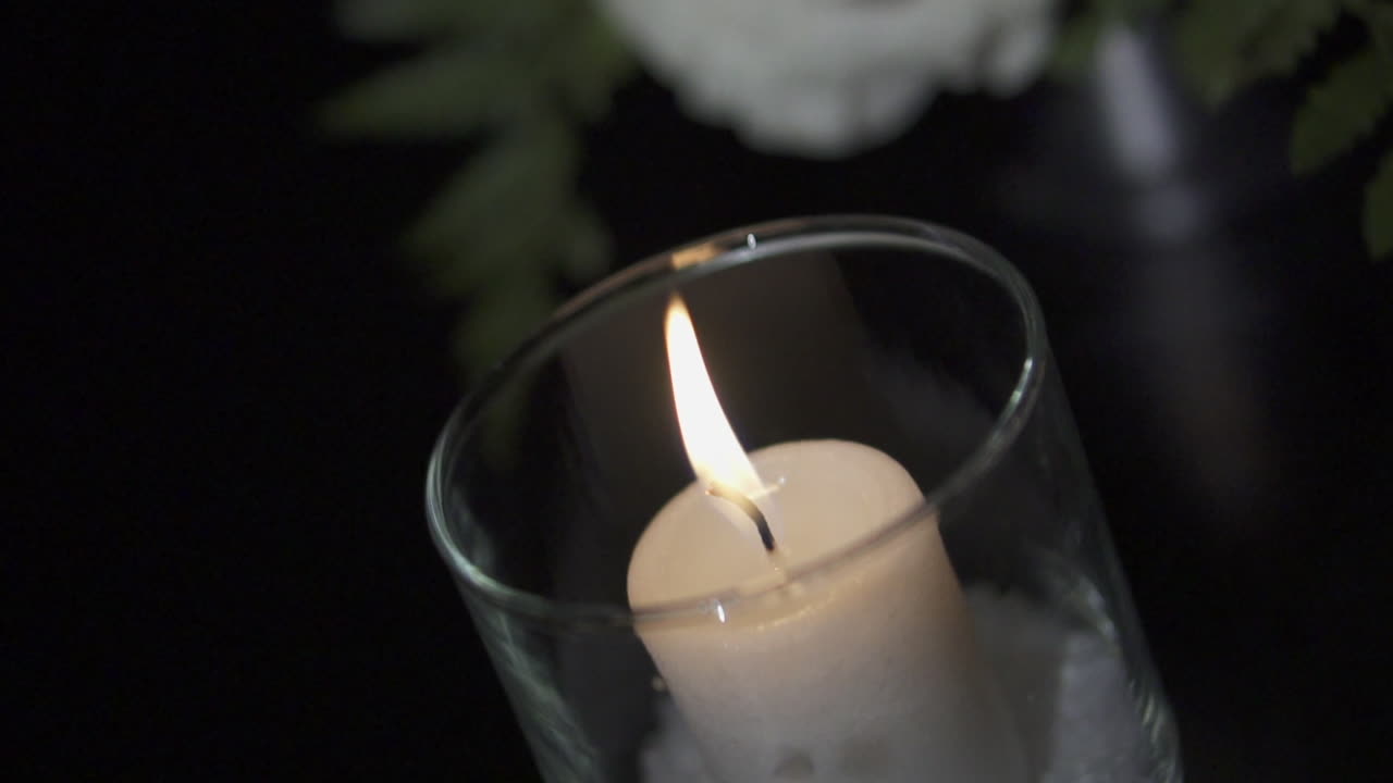Close-Up of Burning Candle in Glass Vase, Weddings and Dinner Ambience