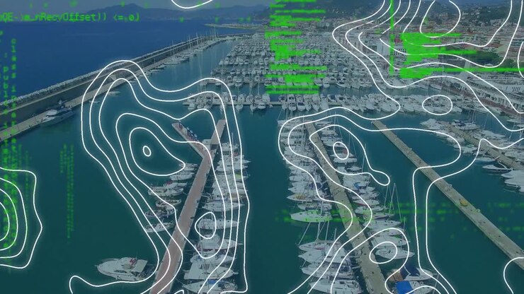 Animation of data processing and shapes moving over cityscape