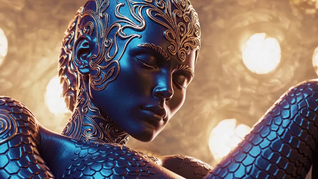 Luminous blue extraterrestrial being featuring intricate golden ornamentation and scale like skin, radiating cosmic elegance against glowing ethereal spheres