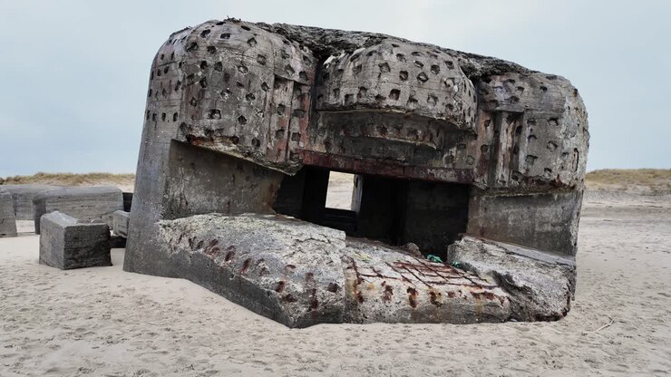 Uma grande seção dilapidada de um búnquer da Segunda Guerra Mundial com uma seteira para arma está na praia. Europa, Dinamarca.
