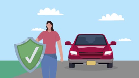 insurance service woman with shield and car