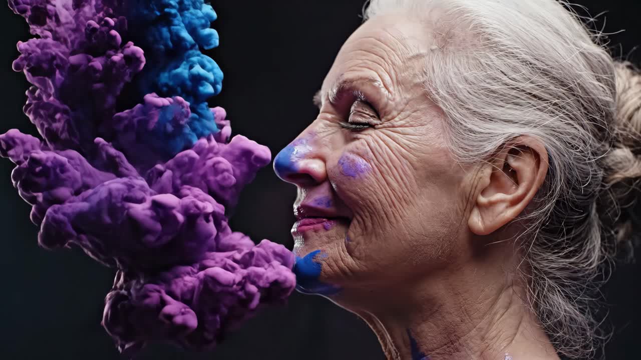 Senior Woman in Profile with Blue and Purple Ink Explosion
