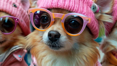 Three dogs wearing pink hats and glasses are posing for a photo. The dogs are wearing jackets and appear to be dressed up for a special occasion