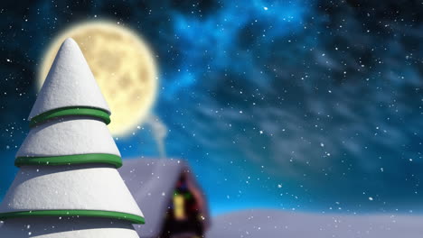 animación de un paisaje de invierno con una casa decorada sobre fondo azul