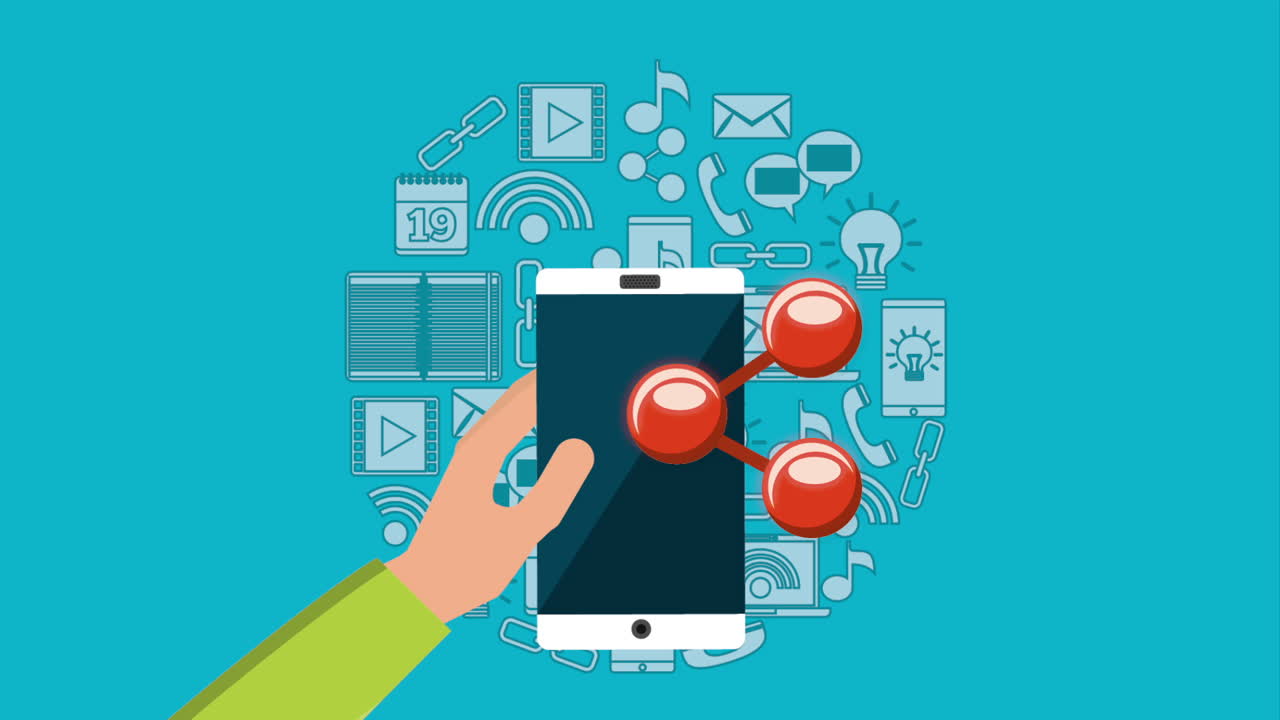 Hand holding a smartphone with sharing icons and various media elements
