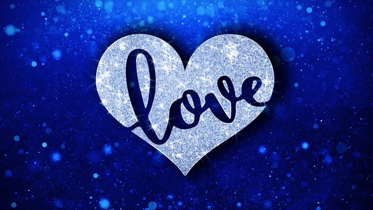 Glittering Heart with Love Text on Blue Background