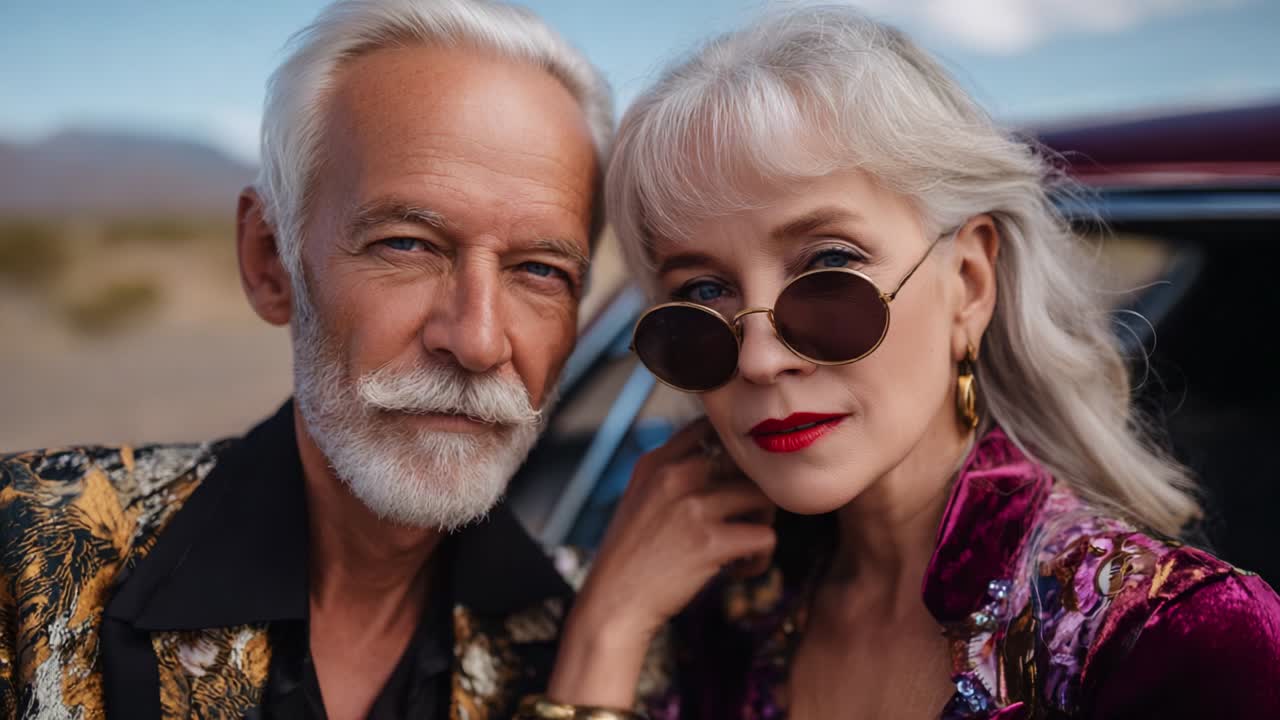 Duo affascinante: coppia matura ed elegante in abiti alla moda che celebra una moda senza tempo su uno sfondo pittoresco, irradiando sicurezza e fascino mentre mette in mostra il proprio stile vintage e la propria unione unici