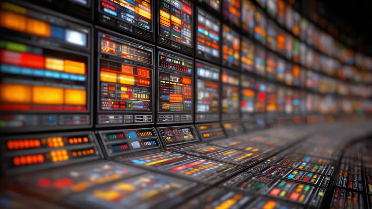 Una Vivace Sala di Controllo: Un Array di Pannelli, Schermi e Pulsanti Colorati che Sottolineano la Tecnologia in Azione, con Focus su Display Digitali e Interfacce.