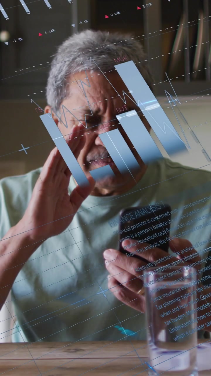 Animation of financial data processing over senior man using smartphone at home