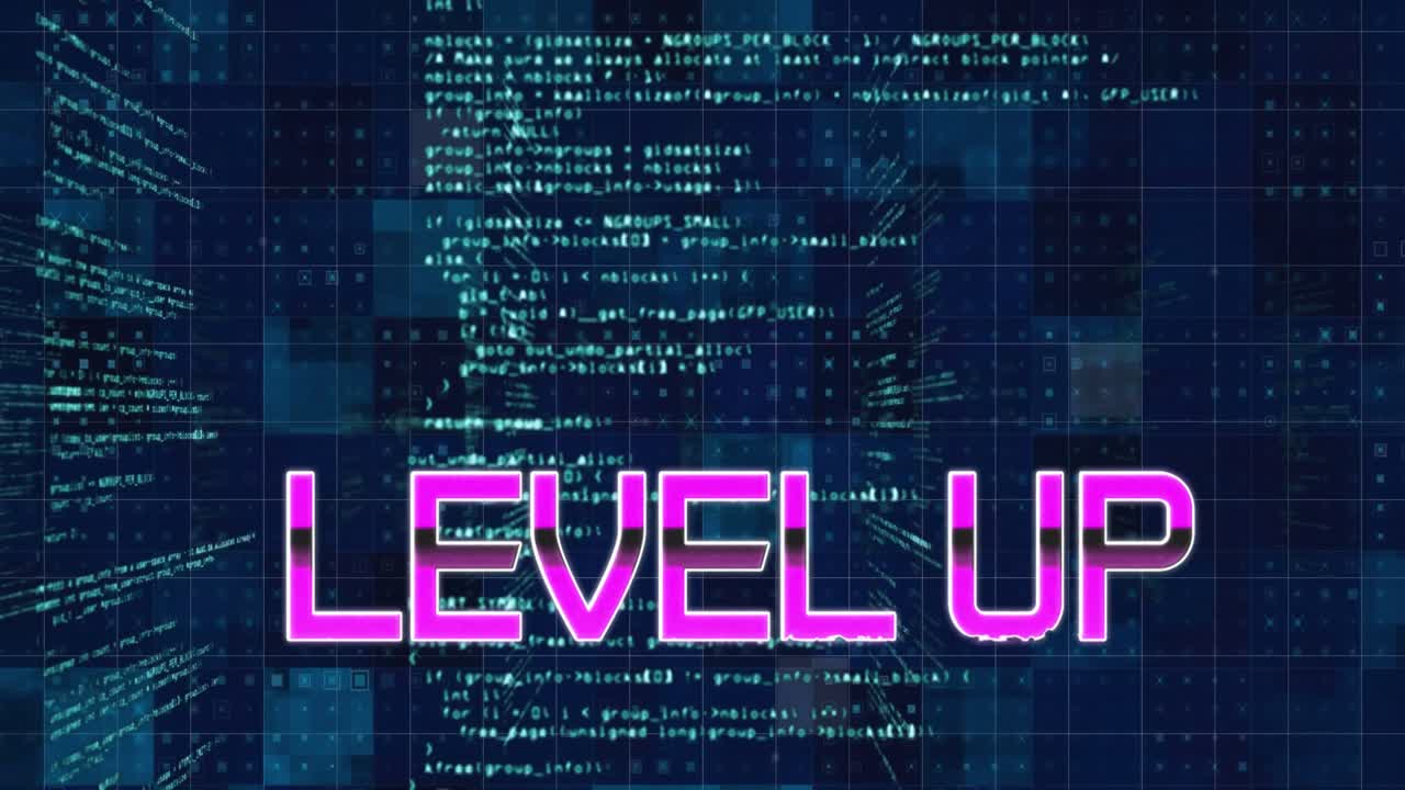 파란색 배경에 레벨 업 및 데이터 처리의 애니메이션