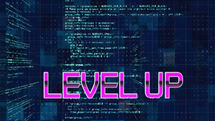 Animation of level up and data processing on blue background