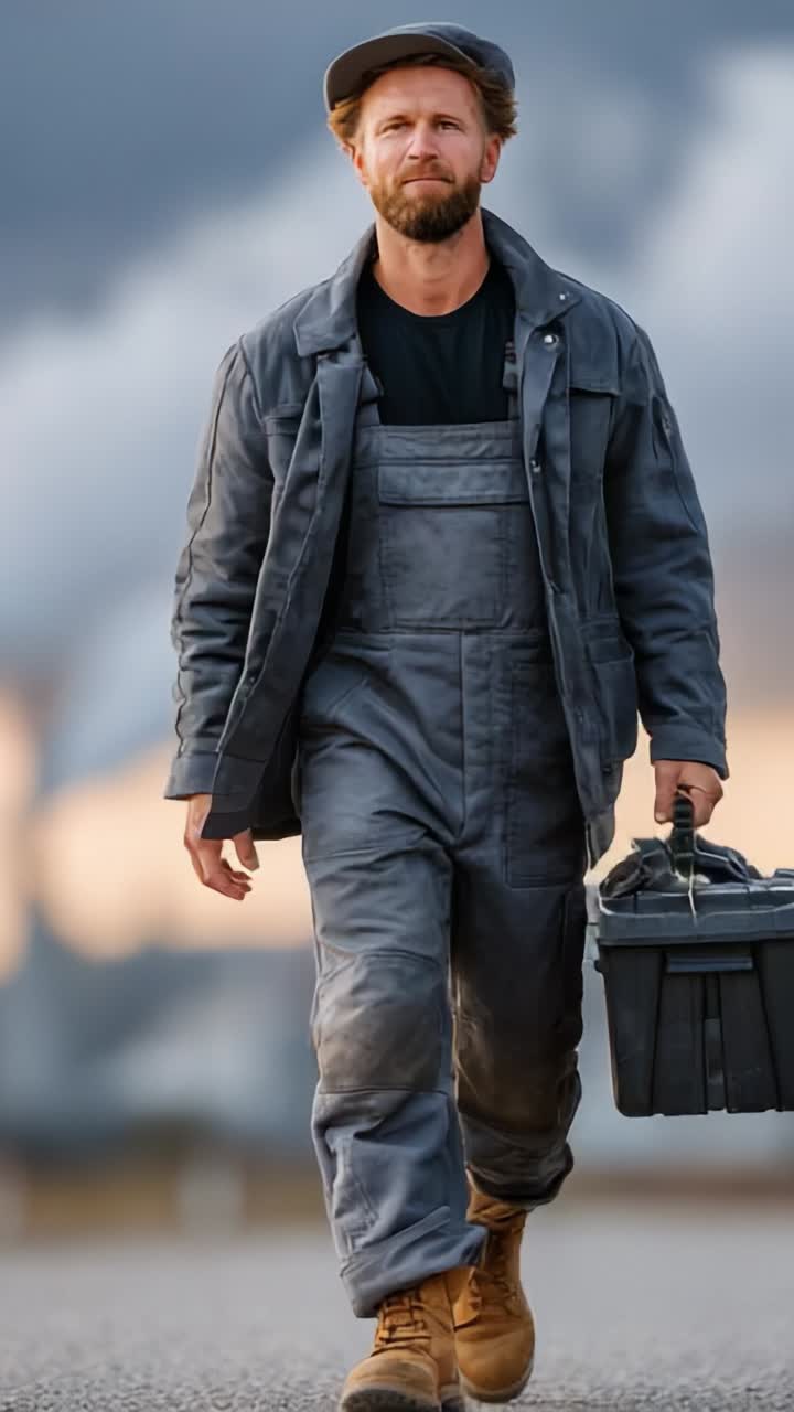 A Determined Worker in Gray Overalls and Cap, Striding Confidently with a Toolbox Against a Scenic Industrial Background at Dusk