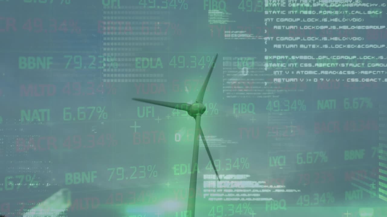 Animazione dell'elaborazione di dati finanziari su turbina eolica.