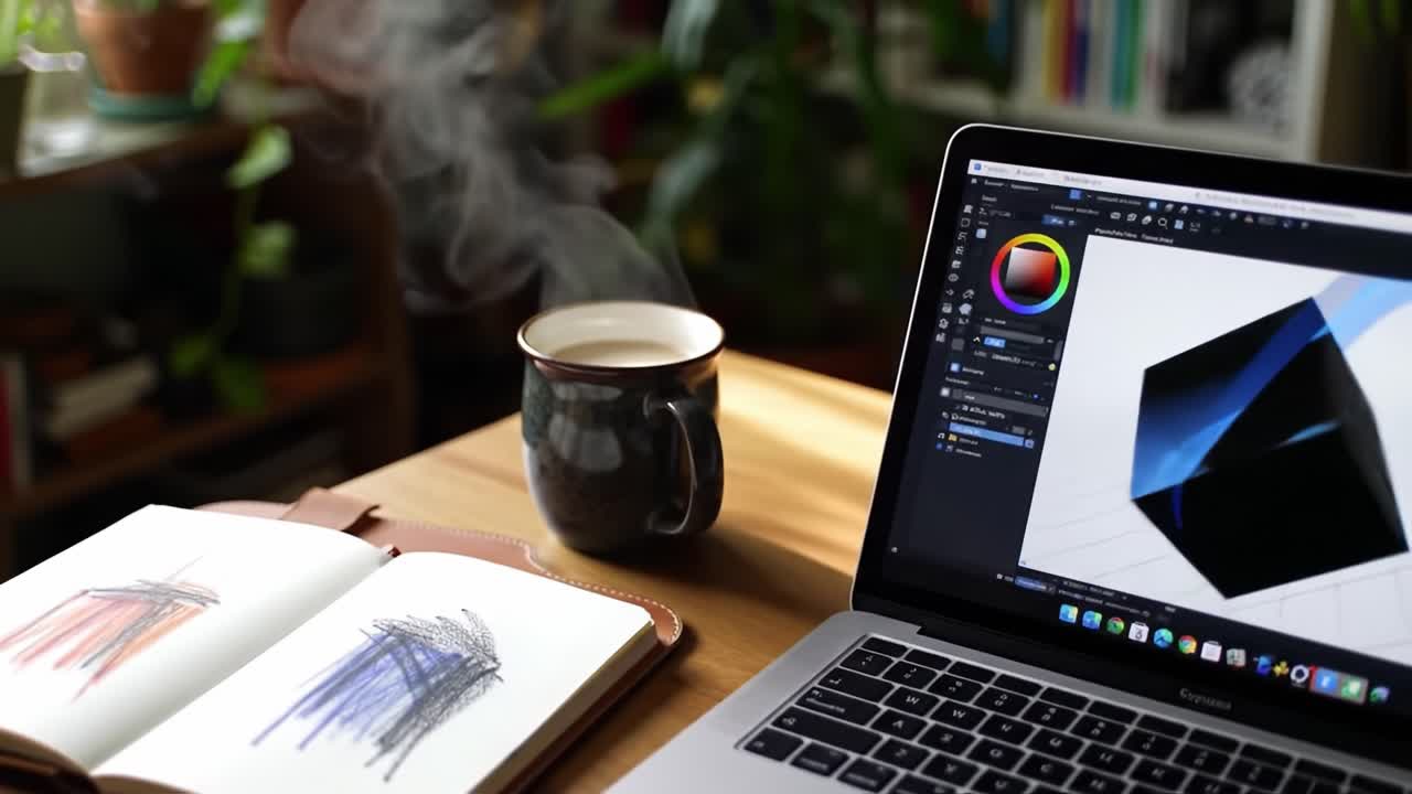 A Cozy Workspace Scene Featuring a Laptop with Digital Art Software Opened, a Sketchbook with Colorful Drawings, and a Steaming Cup of Coffee