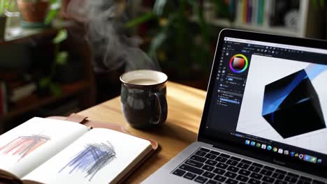 a cozy workspace scene featuring a laptop with digital art software opened, a sketchbook with colorful drawings, and a steaming cup of coffee