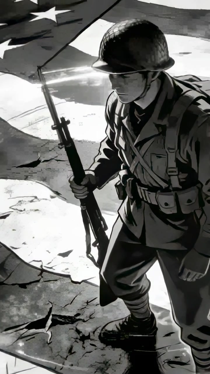 Vertical video: Flag waving soldier in camo stepping on rubble holding rifle with bayonet securing