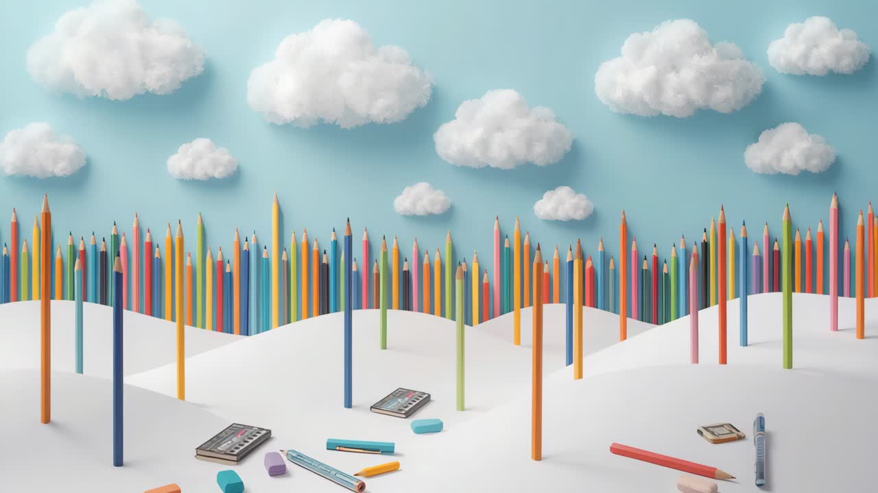 Colorful Pencils Landscape with Clouds
